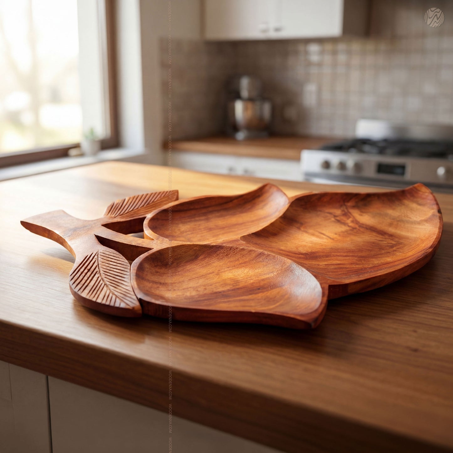 Leaf Style Wooden Serving Tray 3-Section by Woodenxa