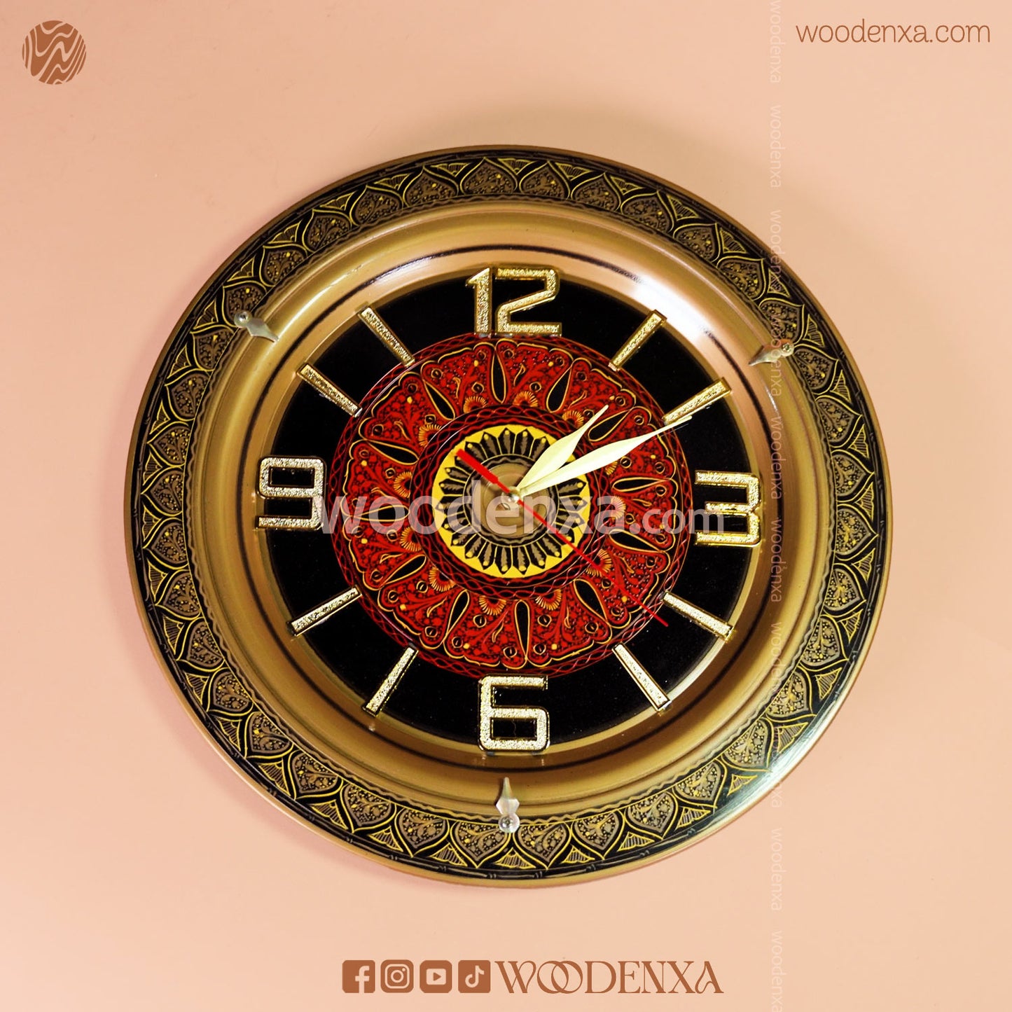 Naqshi Art Wooden Wall Clock – Handmade Black & Red Design by Woodenxa