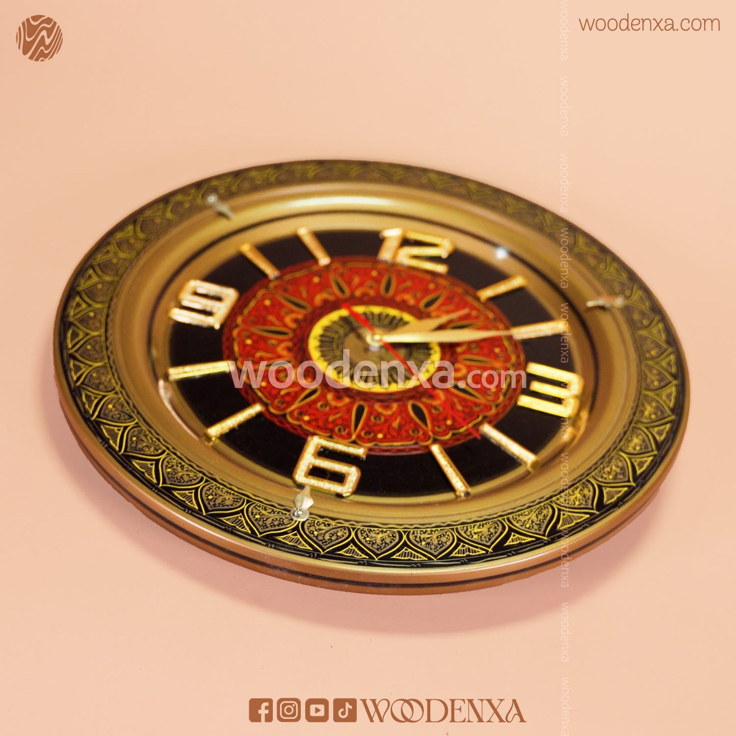Naqshi Art Wooden Wall Clock – Handmade Black & Red Design by Woodenxa
