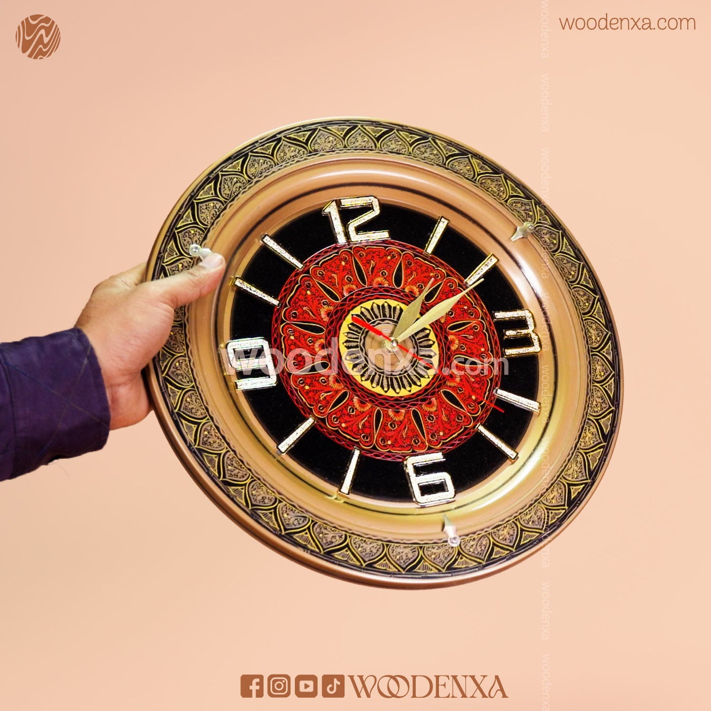 Naqshi Art Wooden Wall Clock – Handmade Black & Red Design by Woodenxa