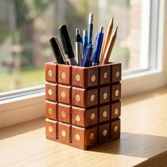 Wooden Multipurpose Pen Jar Square with Golden Work – Handmade by Woodenxa