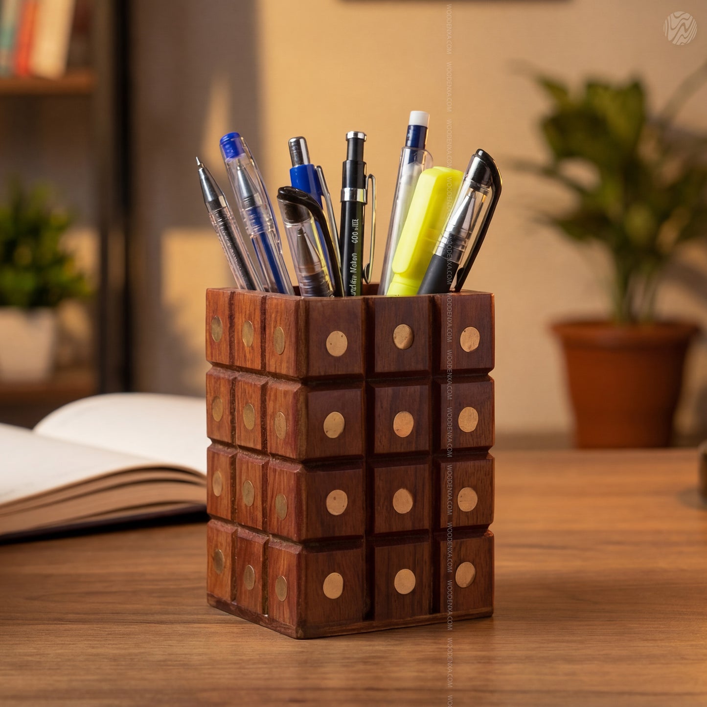 Wooden Multipurpose Pen Jar Square with Golden Work – Handmade by Woodenxa
