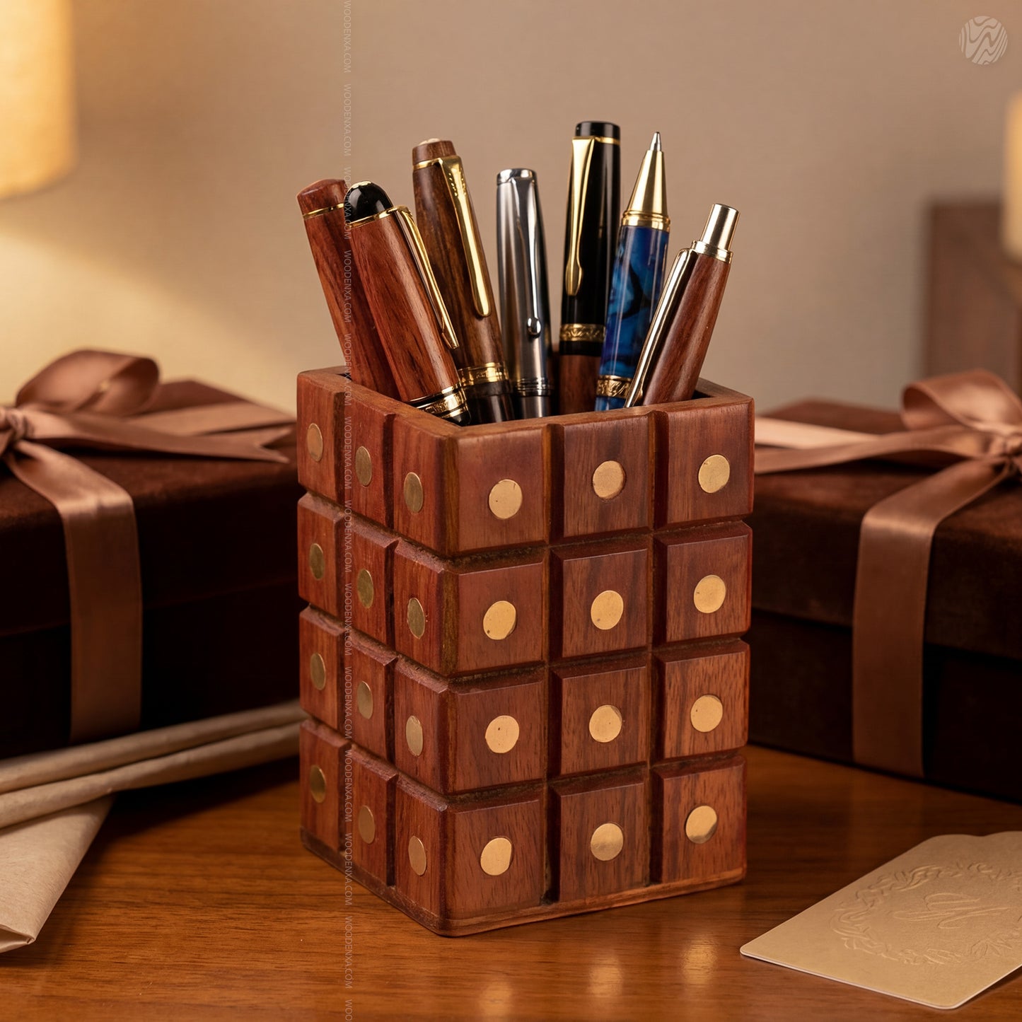 Wooden Multipurpose Pen Jar Square with Golden Work – Handmade by Woodenxa