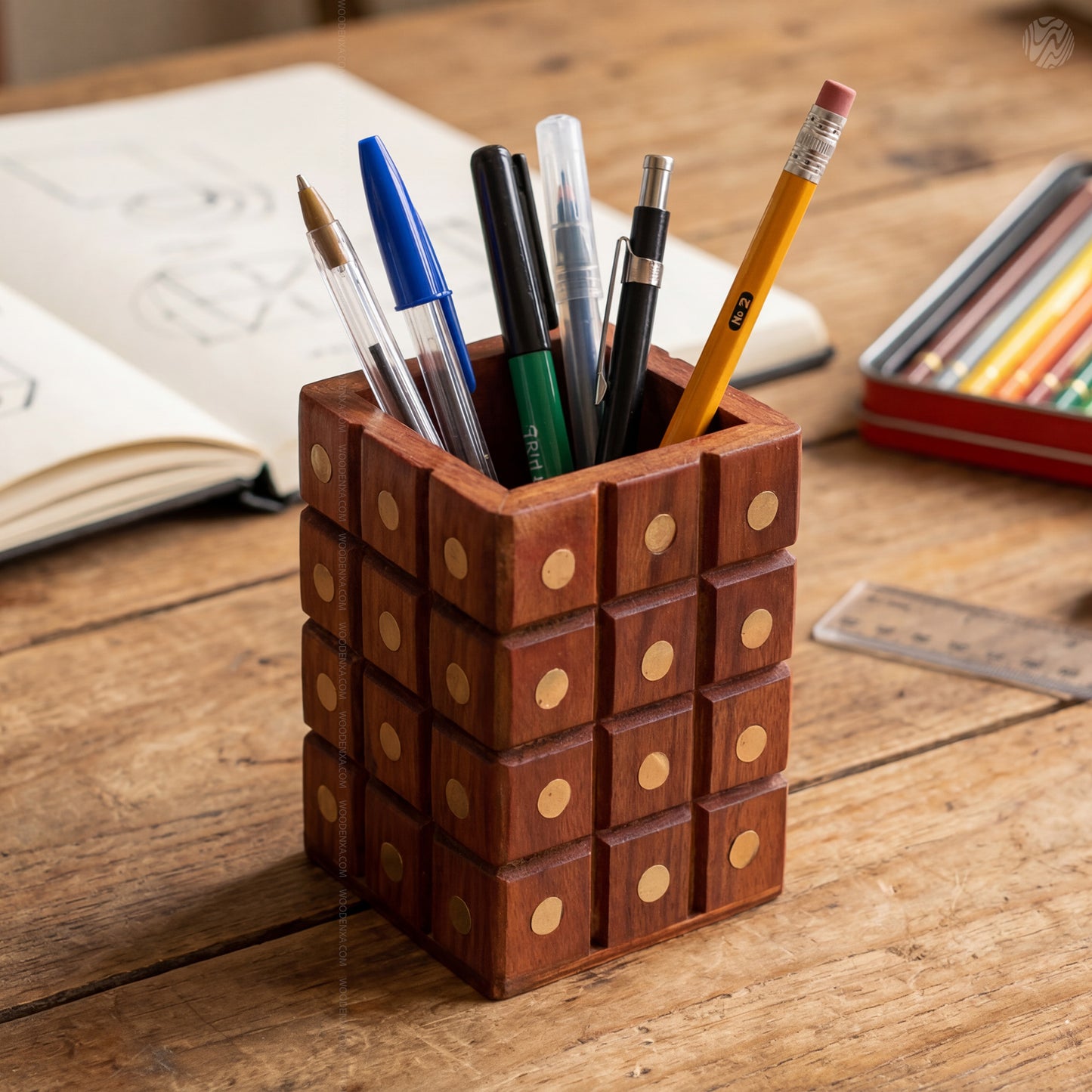 Wooden Multipurpose Pen Jar Square with Golden Work – Handmade by Woodenxa