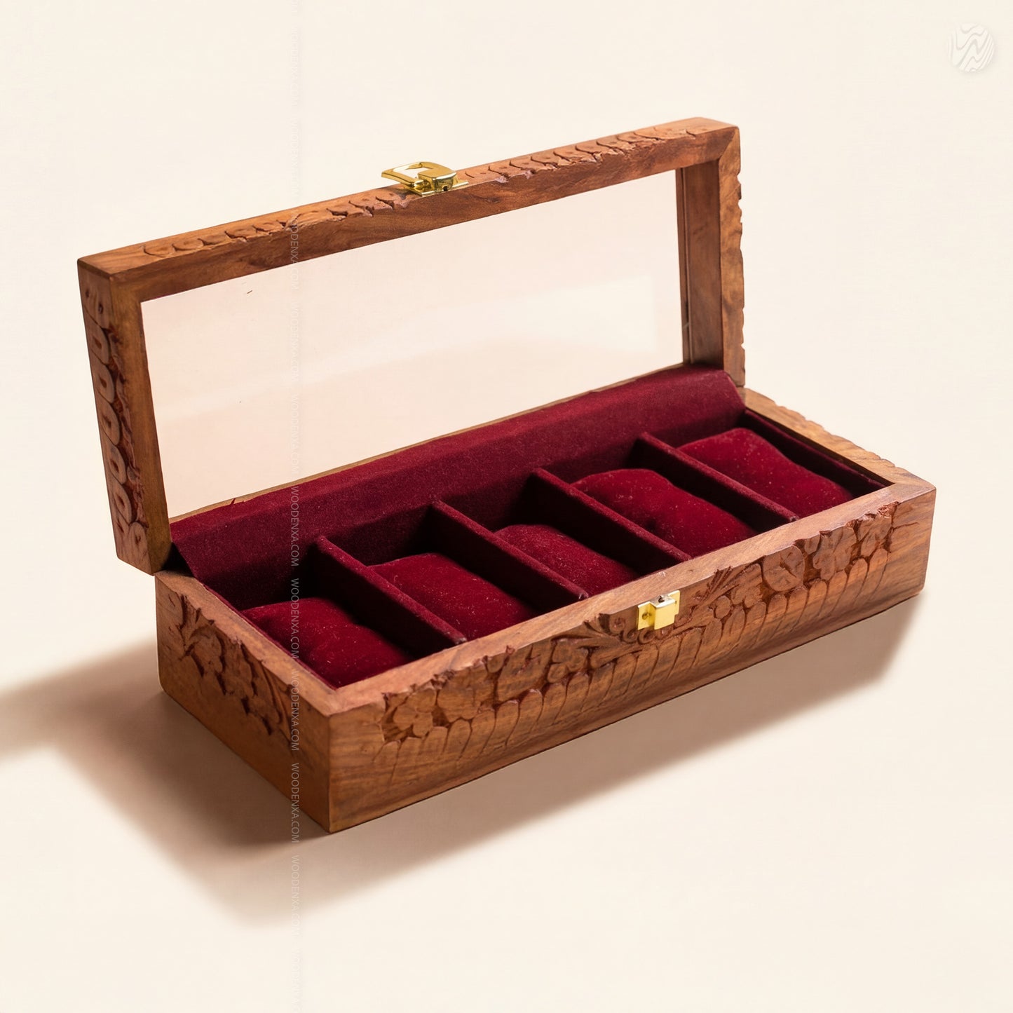 5 Watch Wooden Box with Acrylic Glass Top & Carving | Handmade by Woodenxa