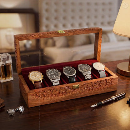5 Watch Wooden Box with Acrylic Glass Top & Carving | Handmade by Woodenxa