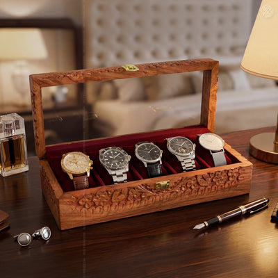 5 Watch Wooden Box with Acrylic Glass Top & Carving | Handmade by Woodenxa