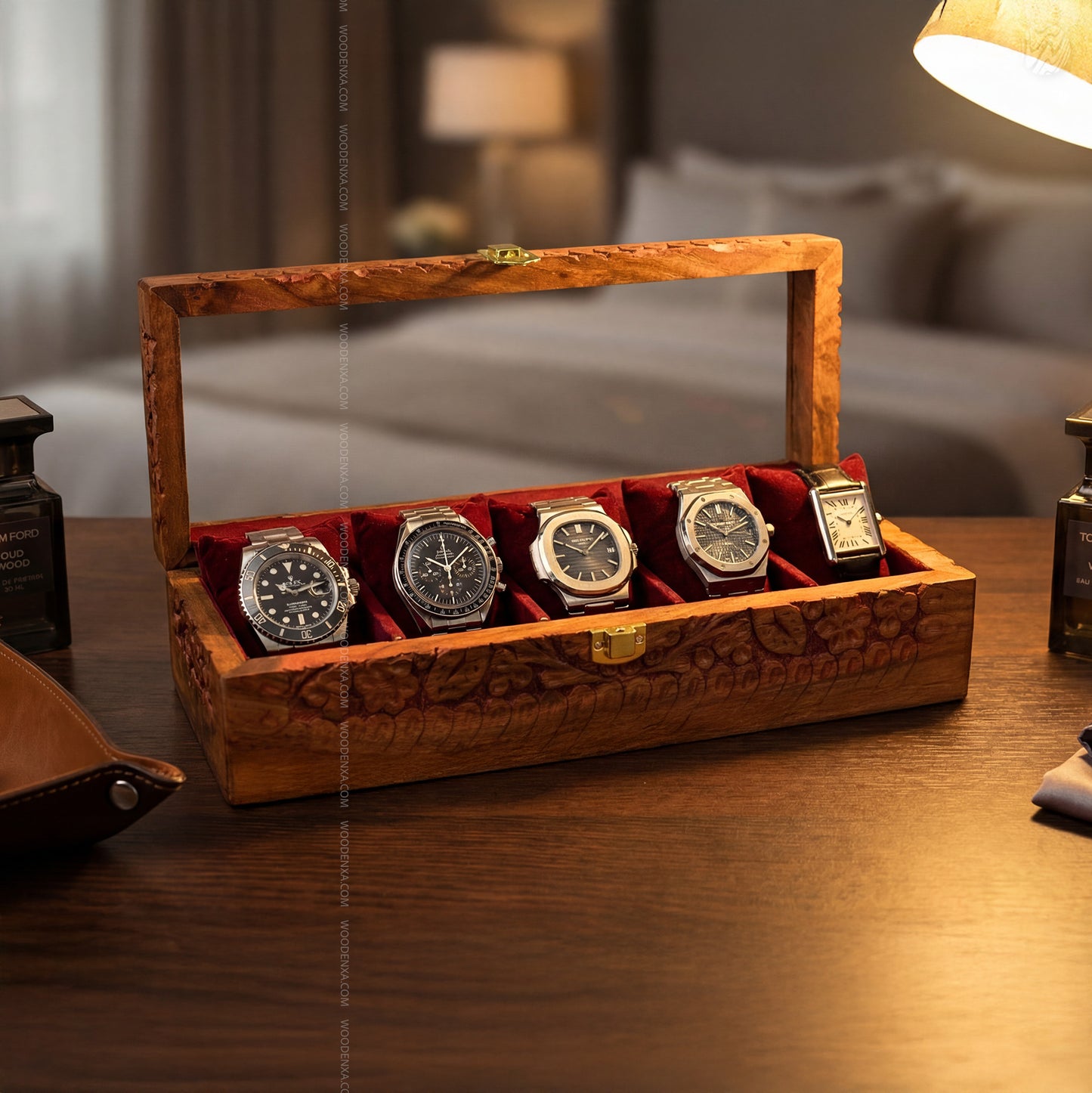 5 Watch Wooden Box with Acrylic Glass Top & Carving | Handmade by Woodenxa