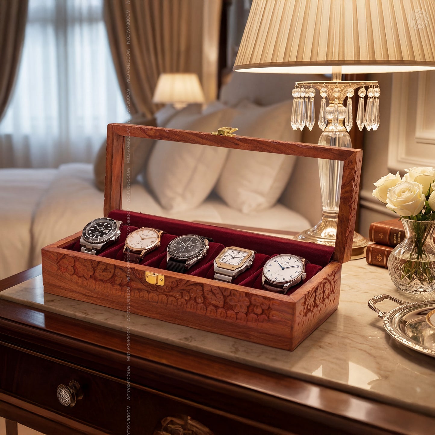 5 Watch Wooden Box with Acrylic Glass Top & Carving | Handmade by Woodenxa