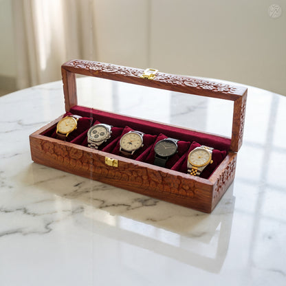5 Watch Wooden Box with Acrylic Glass Top & Carving | Handmade by Woodenxa