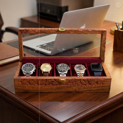 5 Watch Wooden Box with Acrylic Glass Top & Carving | Handmade by Woodenxa