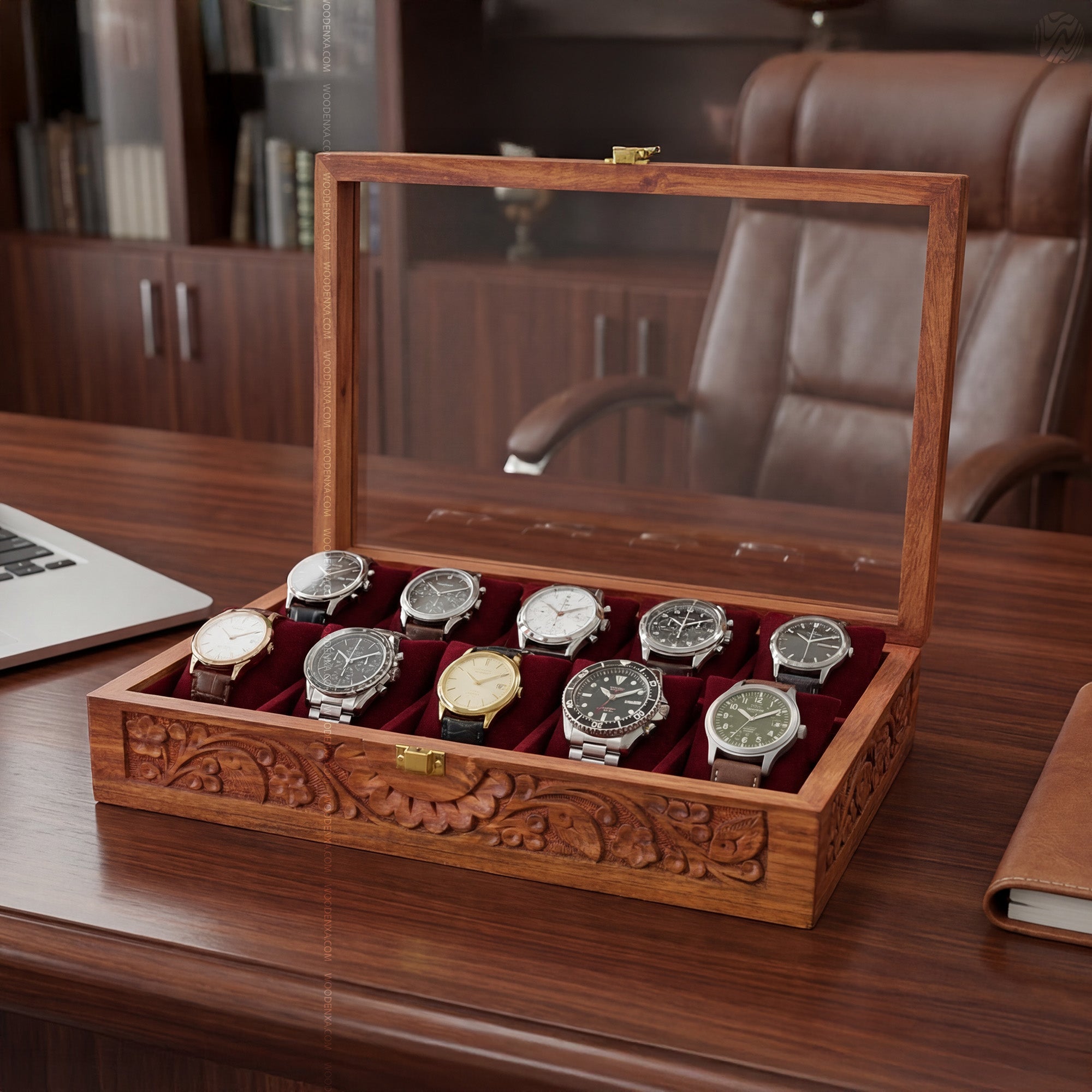 Fully Carved 10‑Watch Wooden Box | Handcrafted by Woodenxa