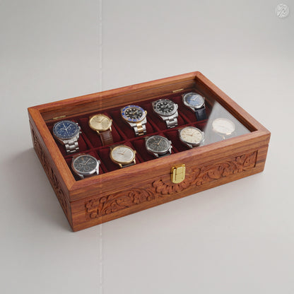 Fully Carved 10‑Watch Wooden Box | Handcrafted by Woodenxa