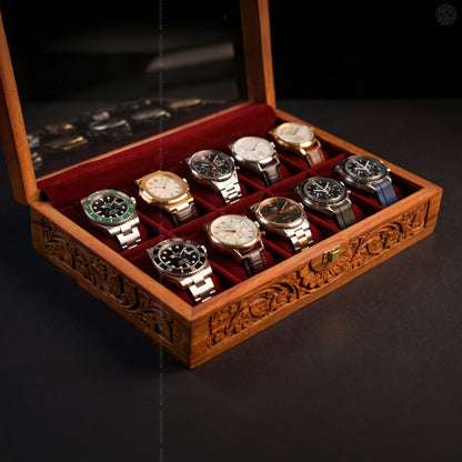 Fully Carved 10‑Watch Wooden Box | Handcrafted by Woodenxa