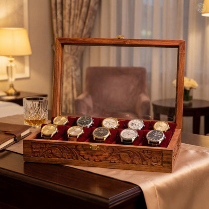 Fully Carved 10‑Watch Wooden Box | Handcrafted by Woodenxa