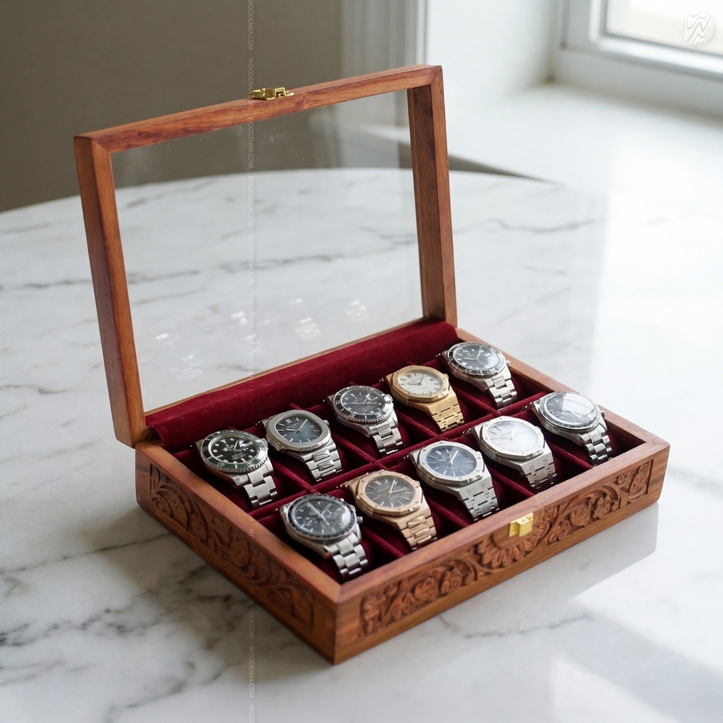 Fully Carved 10‑Watch Wooden Box | Handcrafted by Woodenxa