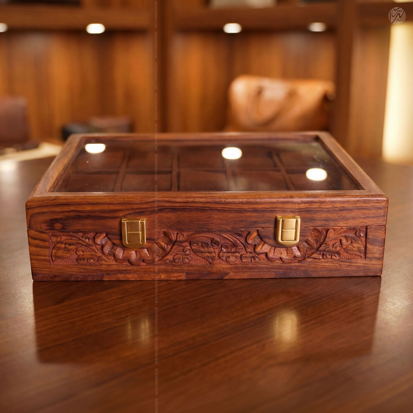 Premium 15 Slot Wooden Watch Box with Carving | Woodenxa