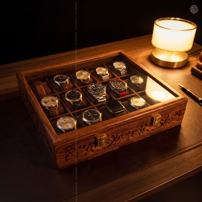 Premium 15 Slot Wooden Watch Box with Carving | Woodenxa