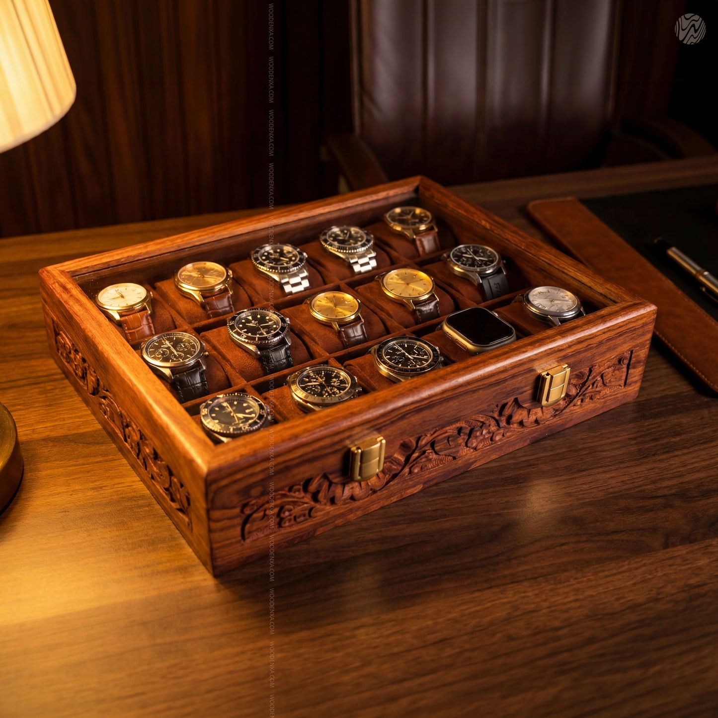 Premium 15 Slot Wooden Watch Box with Carving | Woodenxa