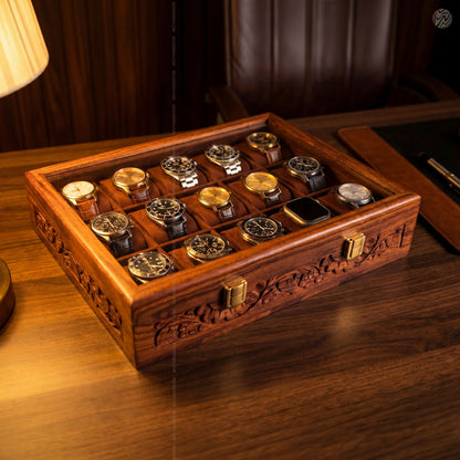 Premium 15 Slot Wooden Watch Box with Carving | Woodenxa