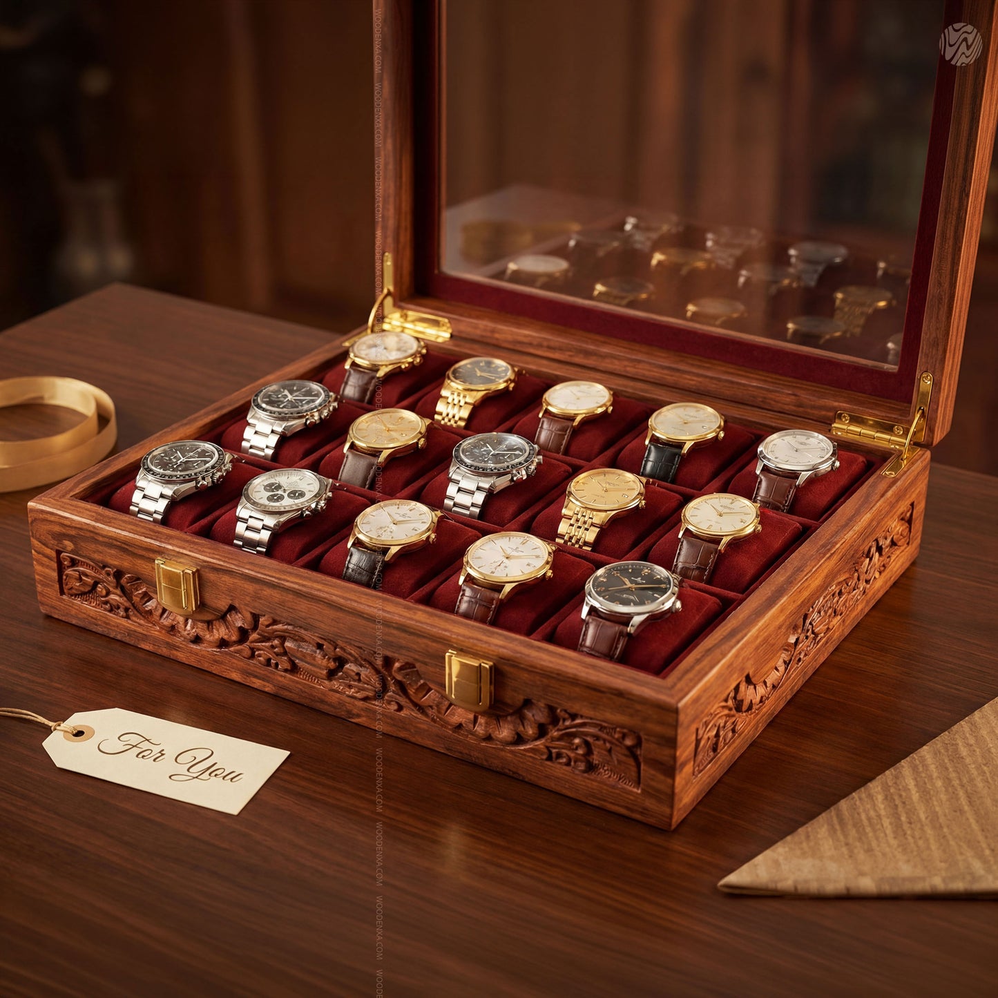 Premium 15 Slot Wooden Watch Box with Carving | Woodenxa