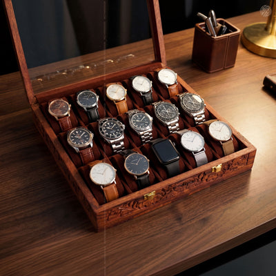Premium 15 Slot Wooden Watch Box with Carving | Woodenxa
