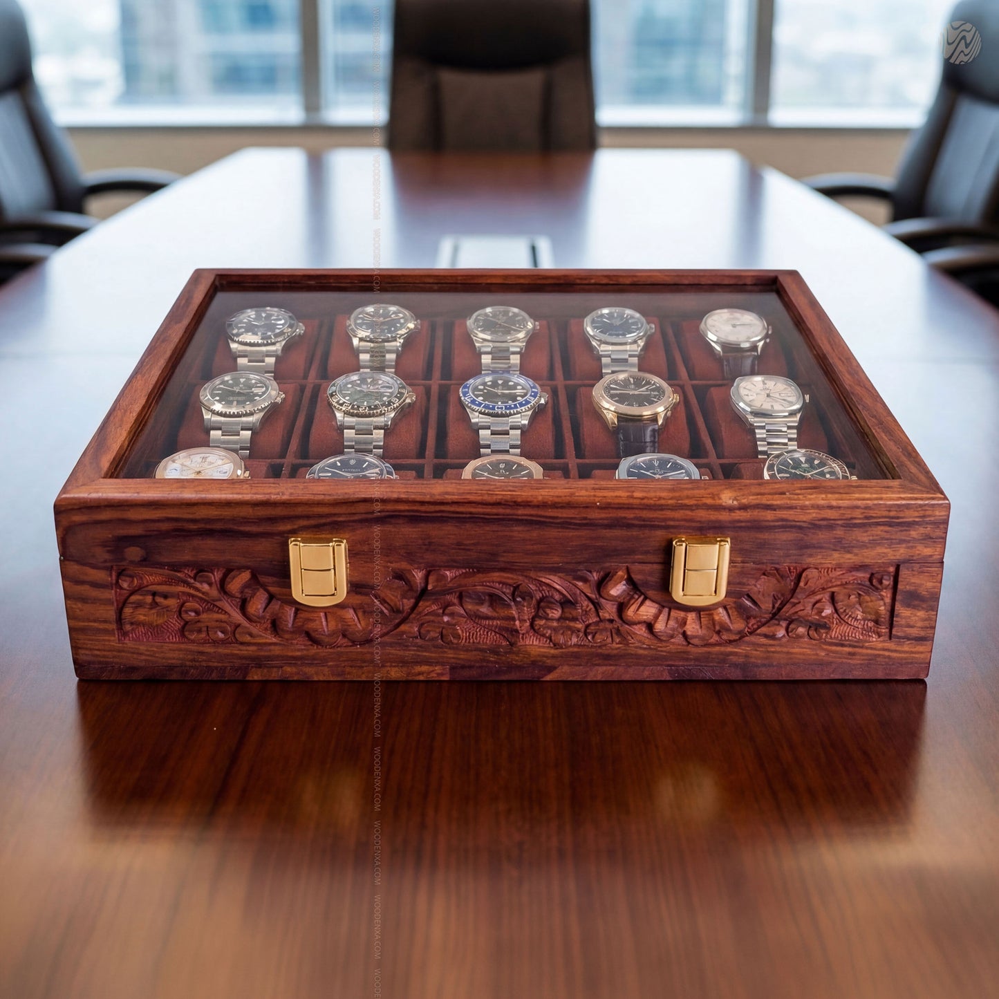 Premium 15 Slot Wooden Watch Box with Carving | Woodenxa