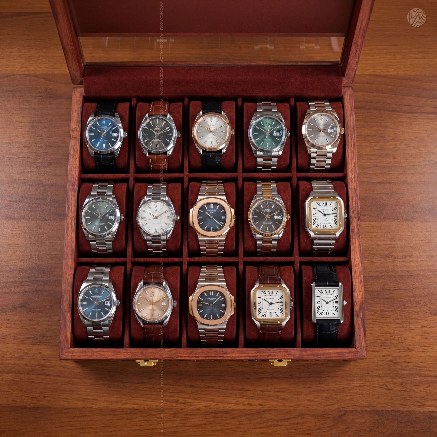 Premium 15 Slot Wooden Watch Box with Carving | Woodenxa