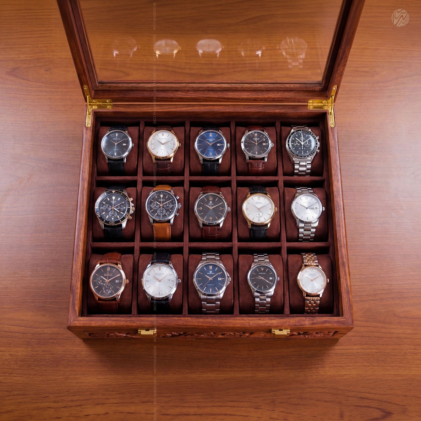 Premium 15 Slot Wooden Watch Box with Carving | Woodenxa