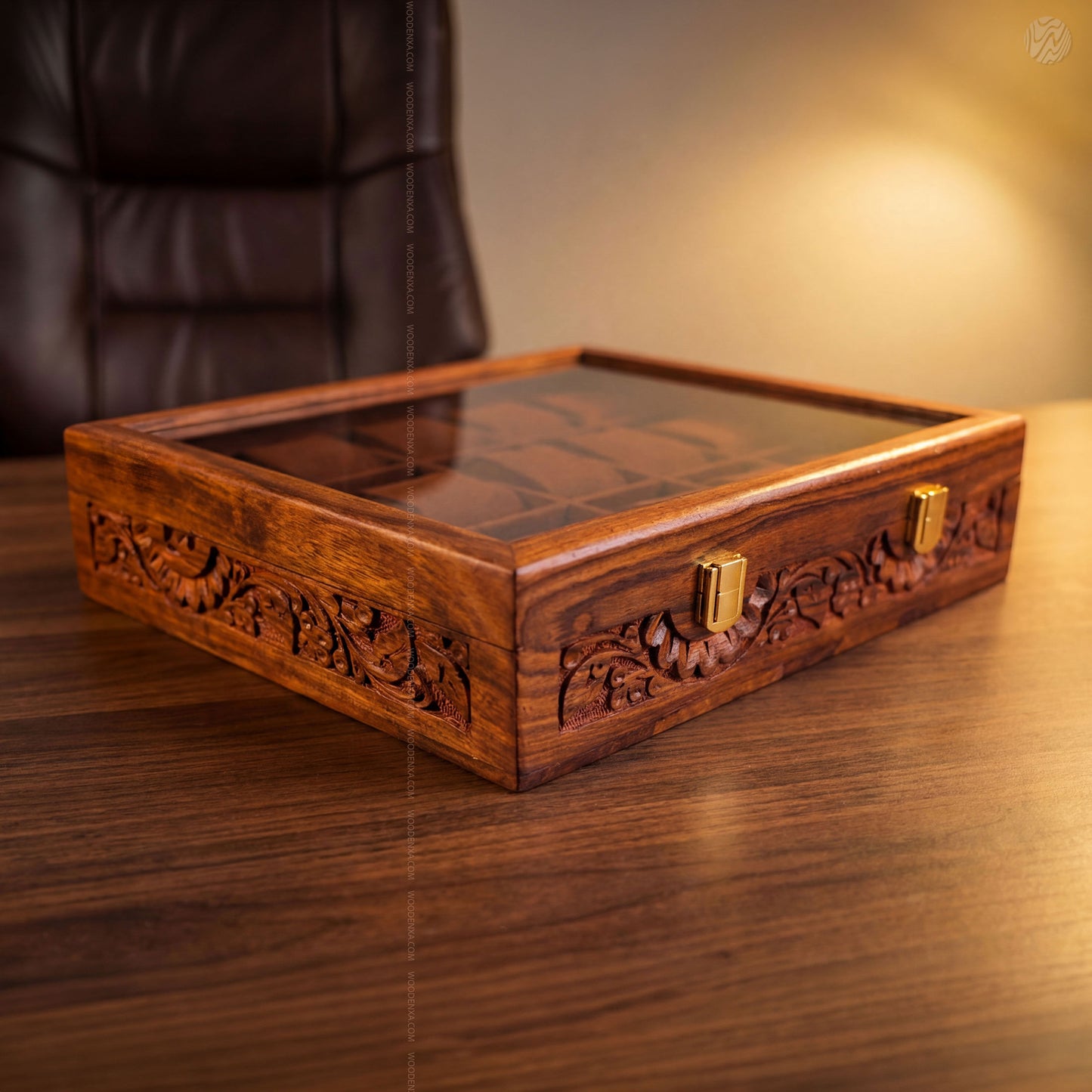 Premium 15 Slot Wooden Watch Box with Carving | Woodenxa