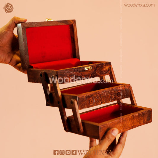 Trifold Wooden Jewelry Box 8x5 with Carving & Golden Button | Handmade by Woodenxa