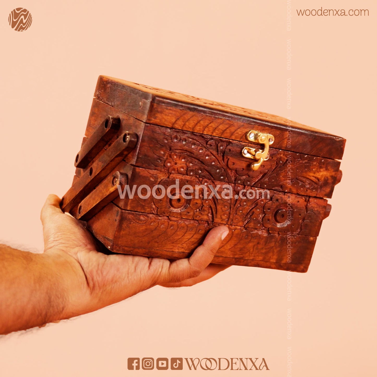 Trifold Wooden Jewelry Box 8x5 with Carving & Golden Button | Handmade by Woodenxa