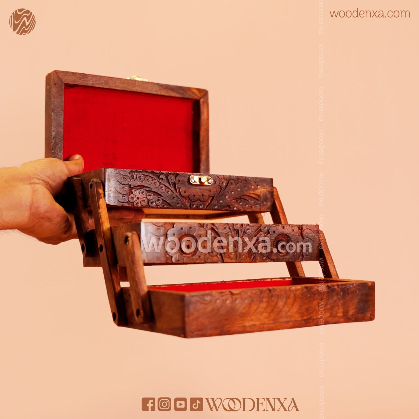 Trifold Wooden Jewelry Box 8x5 with Carving & Golden Button | Handmade by Woodenxa