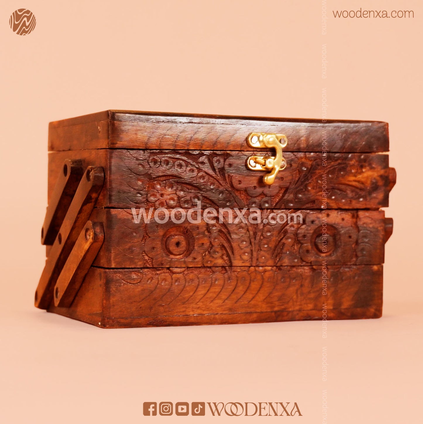 Trifold Wooden Jewelry Box 8x5 with Carving & Golden Button | Handmade by Woodenxa