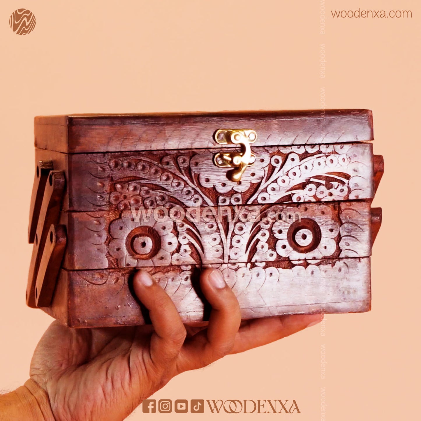 Trifold Wooden Jewelry Box 8x5 with Carving & Golden Button | Handmade by Woodenxa