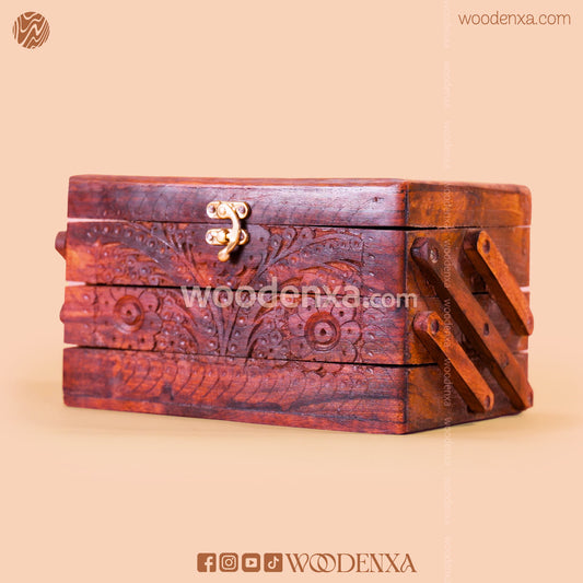 Trifold Wooden Jewelry Box 9x5 with Carving & Golden Button | Handmade by Woodenxa