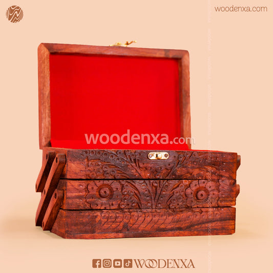 Trifold Wooden Jewelry Box 9x5 with Carving & Golden Button | Handmade by Woodenxa