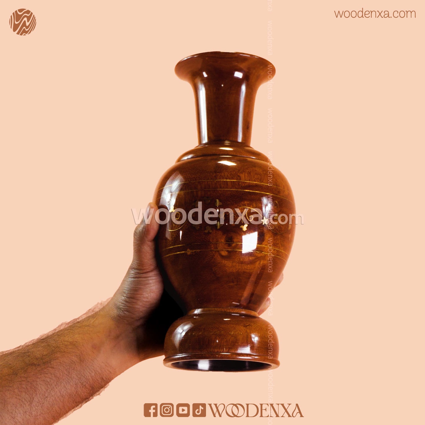 Wooden Guldan with Brass Work Set of 2 | Handmade Decorative Flower Vase by Woodenxa