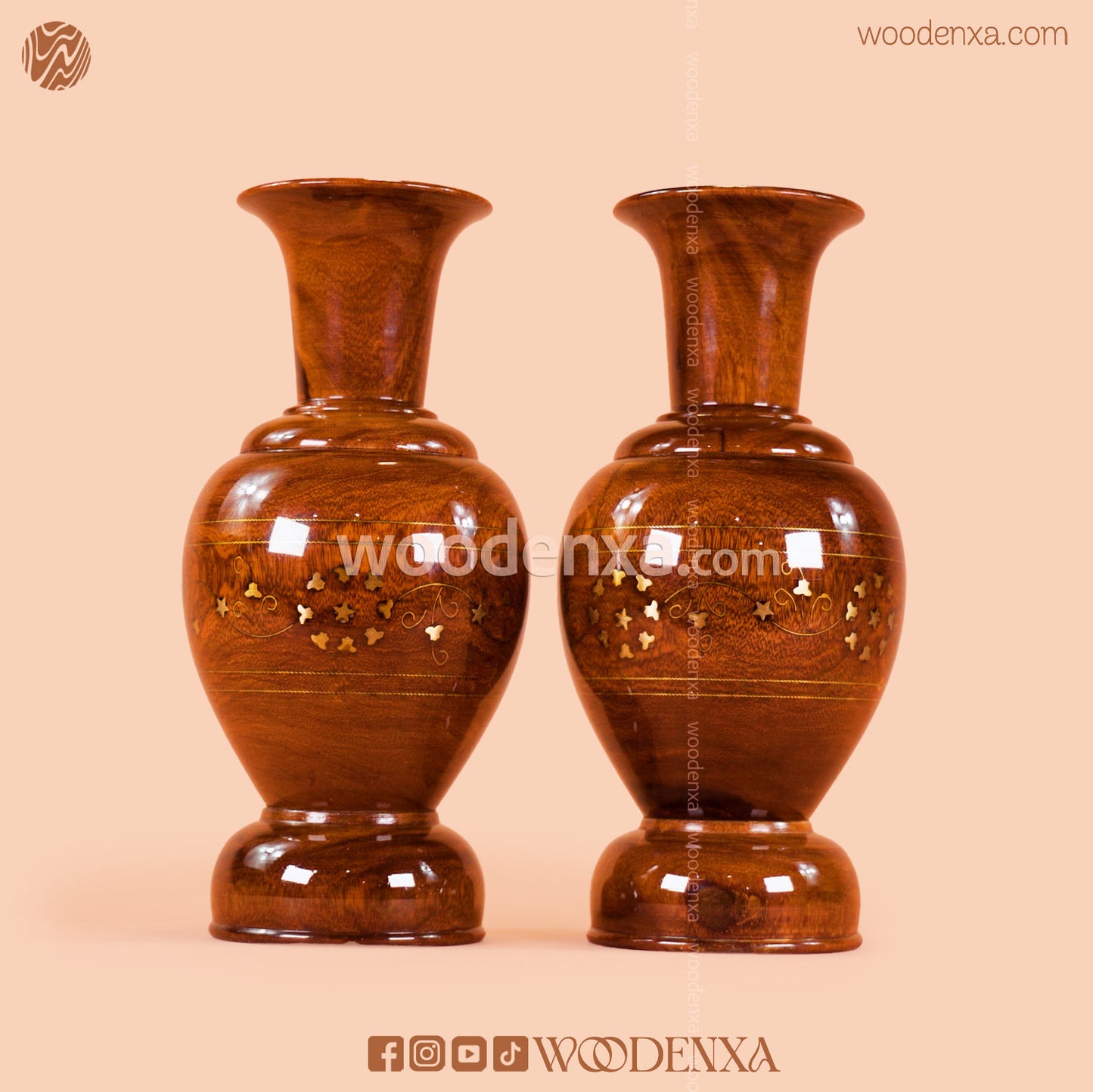 Wooden Guldan with Brass Work Set of 2 | Handmade Decorative Flower Vase by Woodenxa