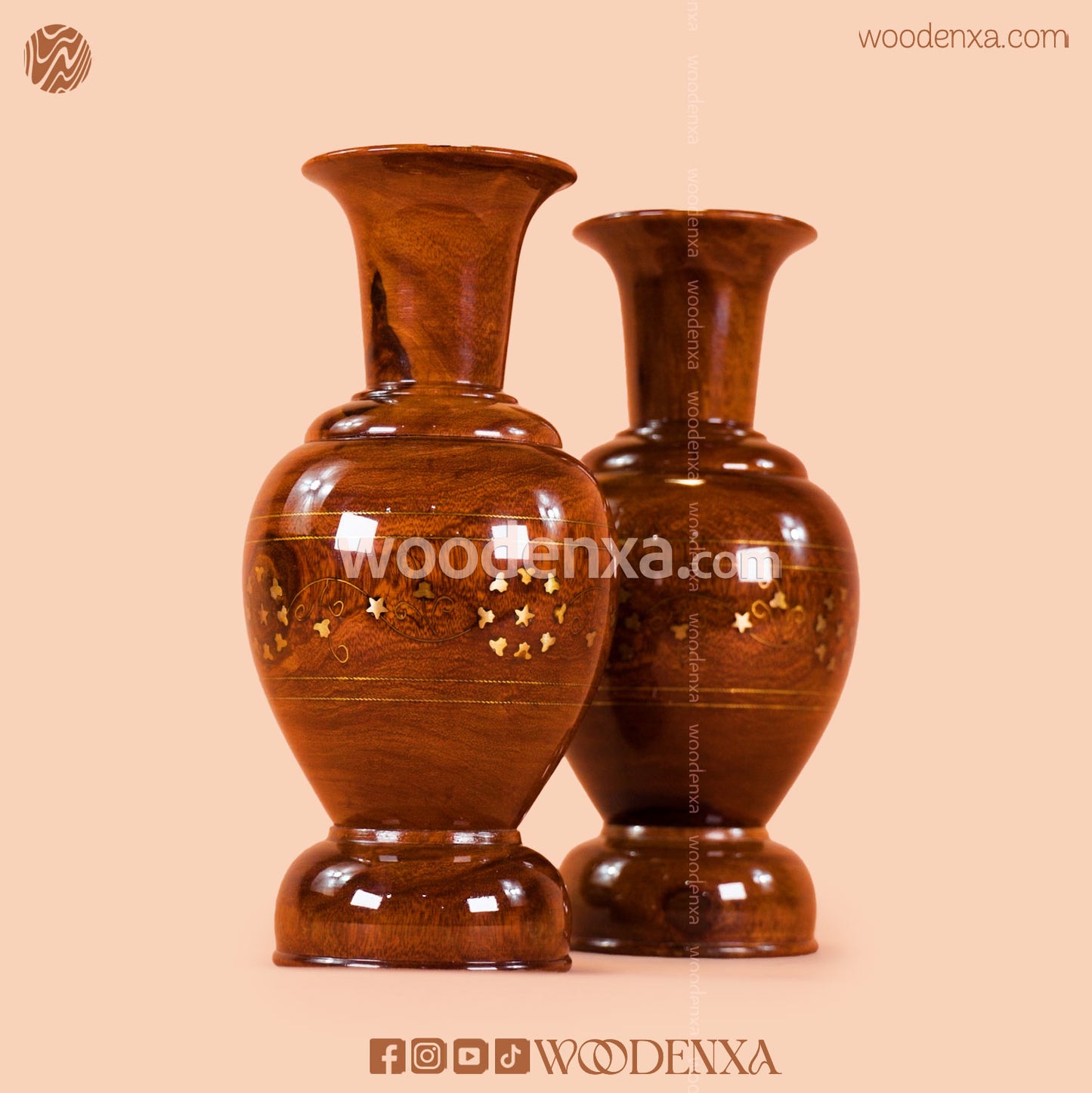 Wooden Guldan with Brass Work Set of 2 | Handmade Decorative Flower Vase by Woodenxa