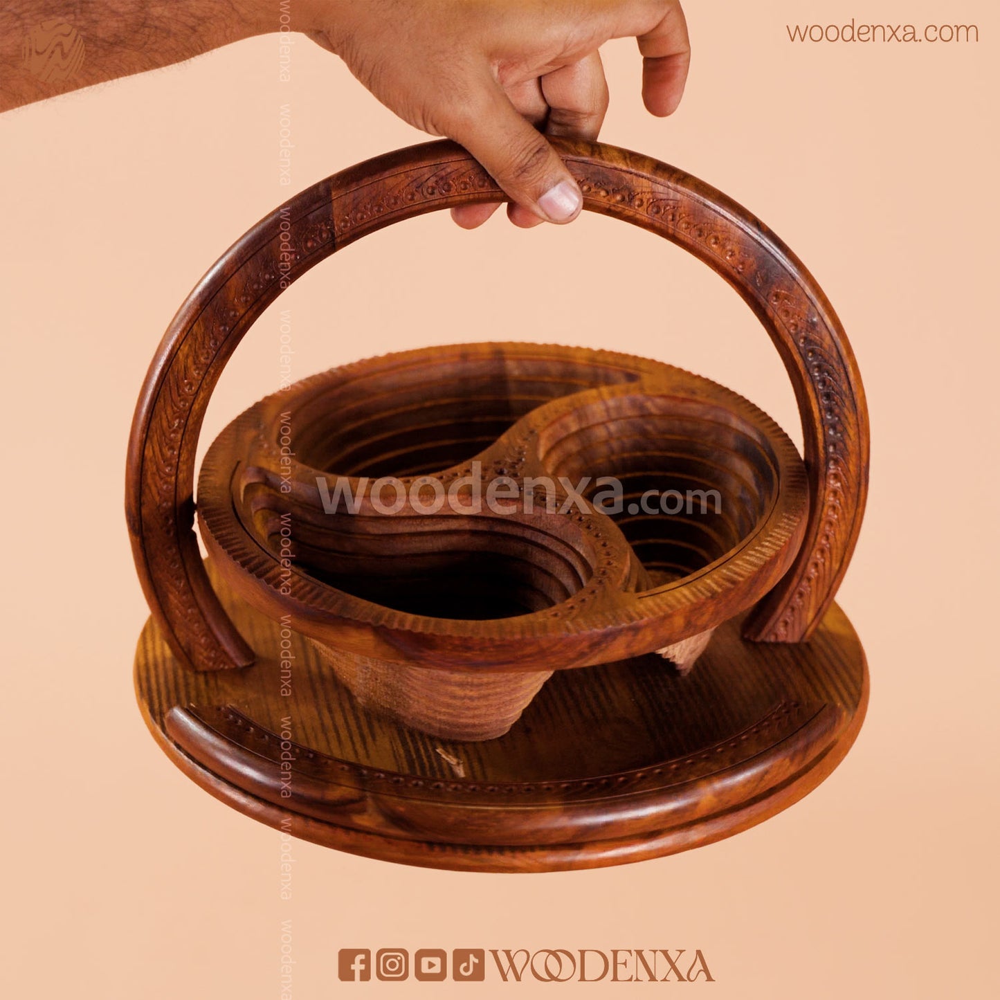 Wooden Handmade Dry Fruit Basket 3 Portion 12 inch | Spring Design by Woodenxa