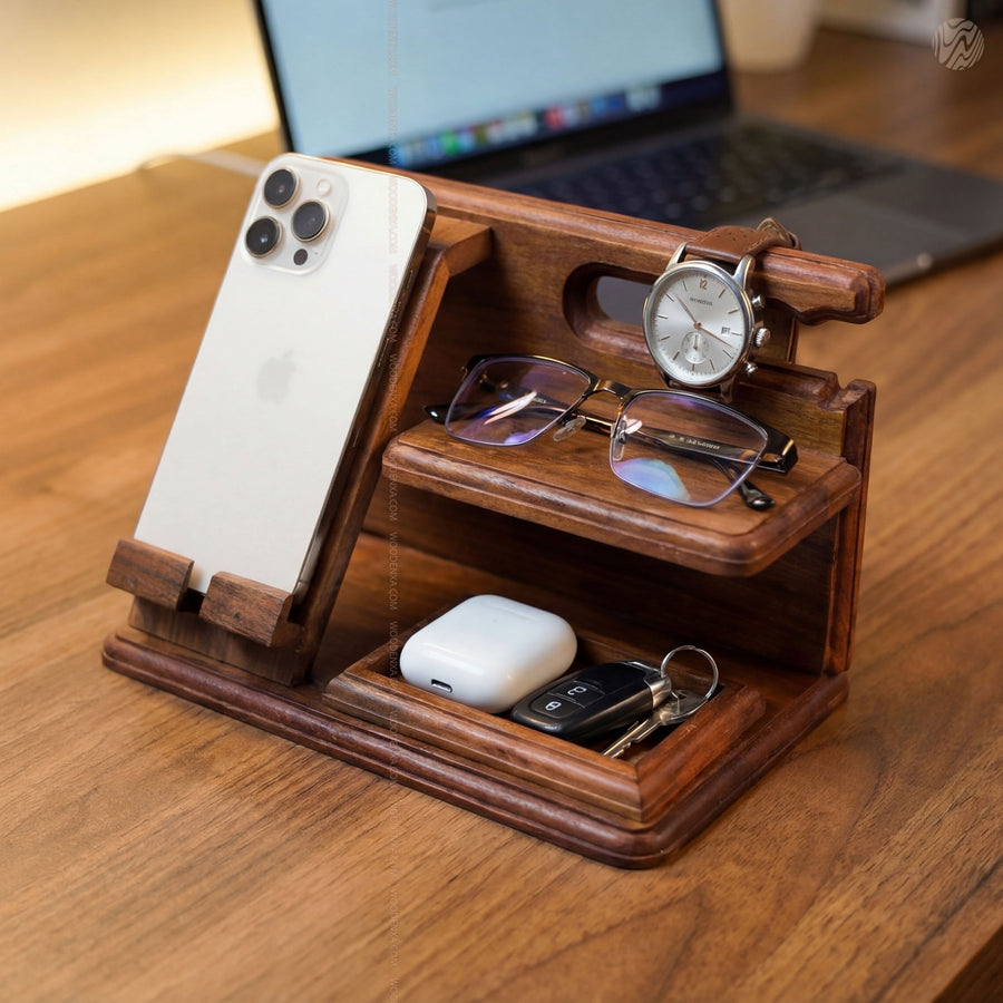 Wooden Multi-Functional Desk Organizer – Phone Stand, Watch & Key Holder