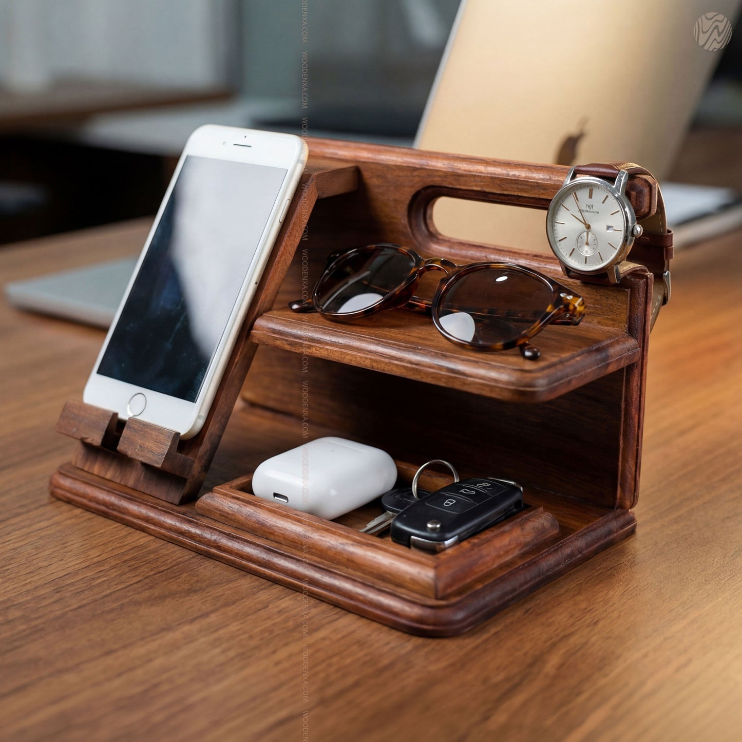 Wooden Multi-Functional Desk Organizer – Phone Stand, Watch & Key Holder