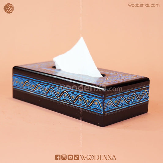 Black Wooden Tissue Box with Blue Naqshi Art | Handmade by Woodenxa