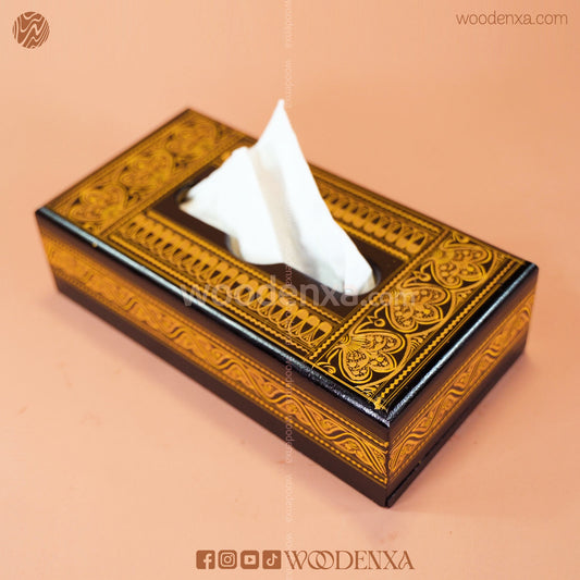 Black Wooden Tissue Box with Golden Naqshi Art | Handmade by Woodenxa