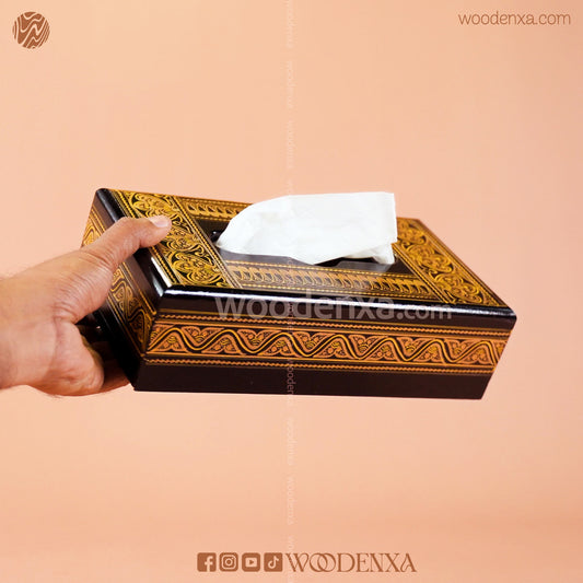 Black Wooden Tissue Box with Golden Naqshi Art | Handmade by Woodenxa