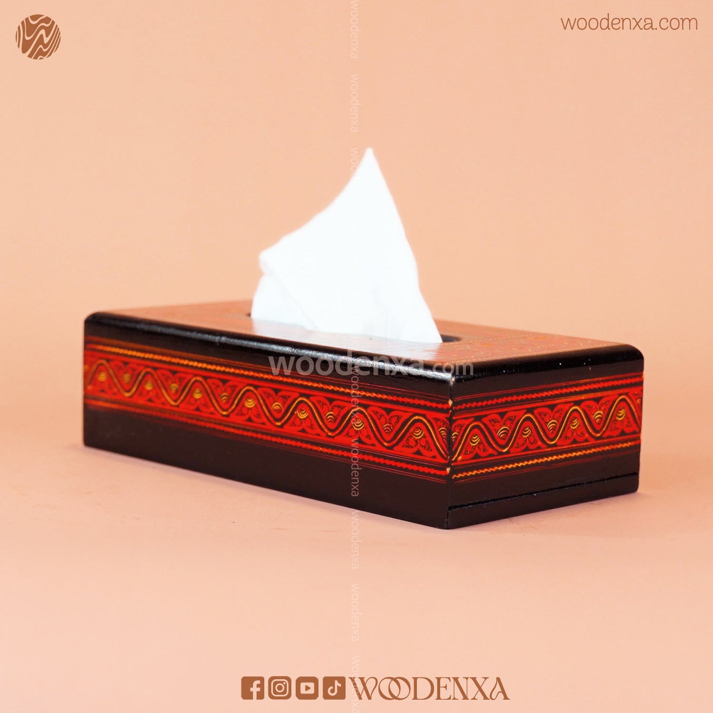 Black Wooden Tissue Box with Red Naqshi Art | Handmade by Woodenxa