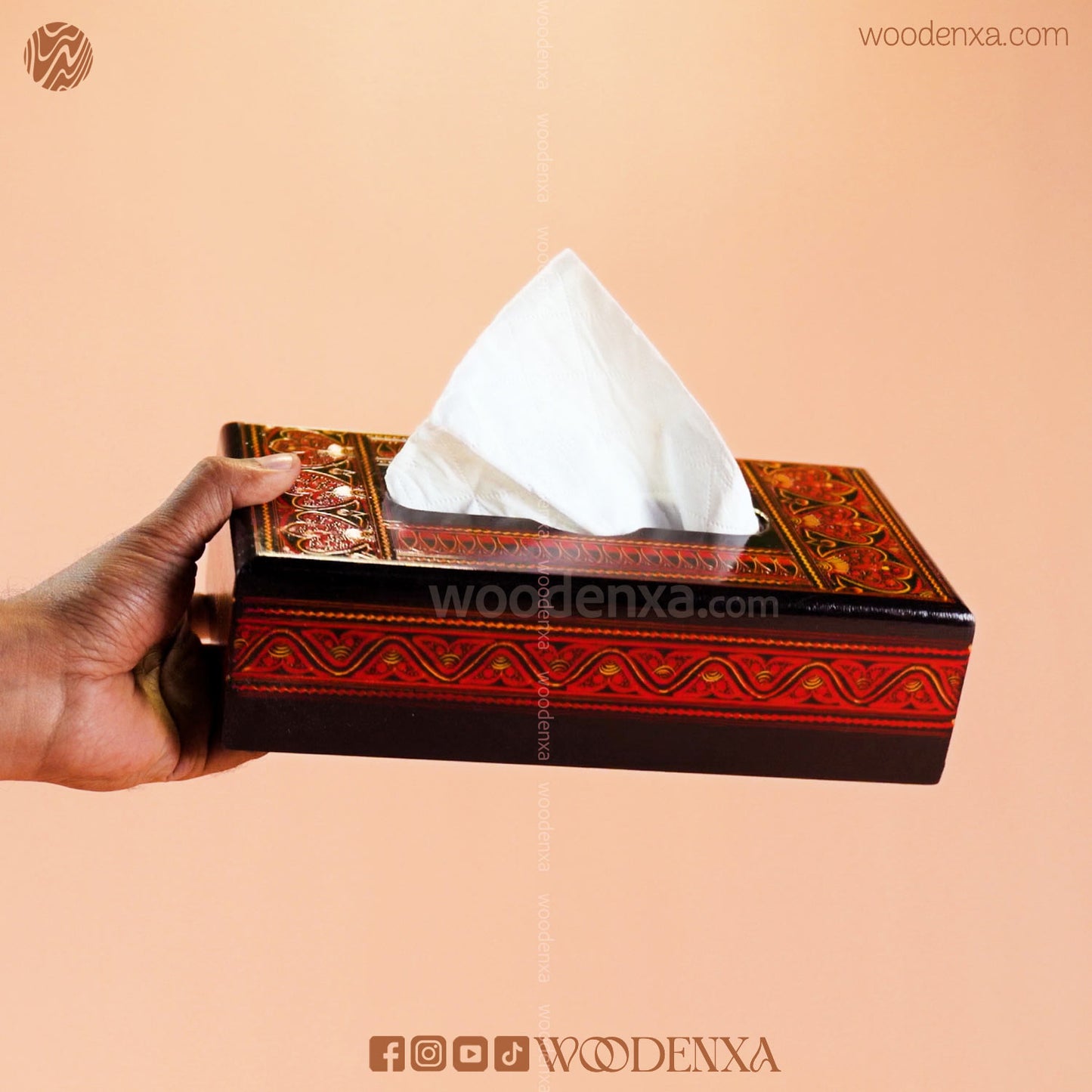 Black Wooden Tissue Box with Red Naqshi Art | Handmade by Woodenxa