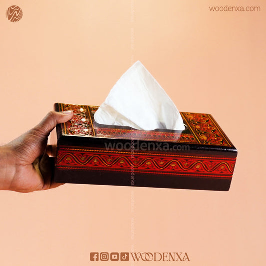 Black Wooden Tissue Box with Red Naqshi Art | Handmade by Woodenxa