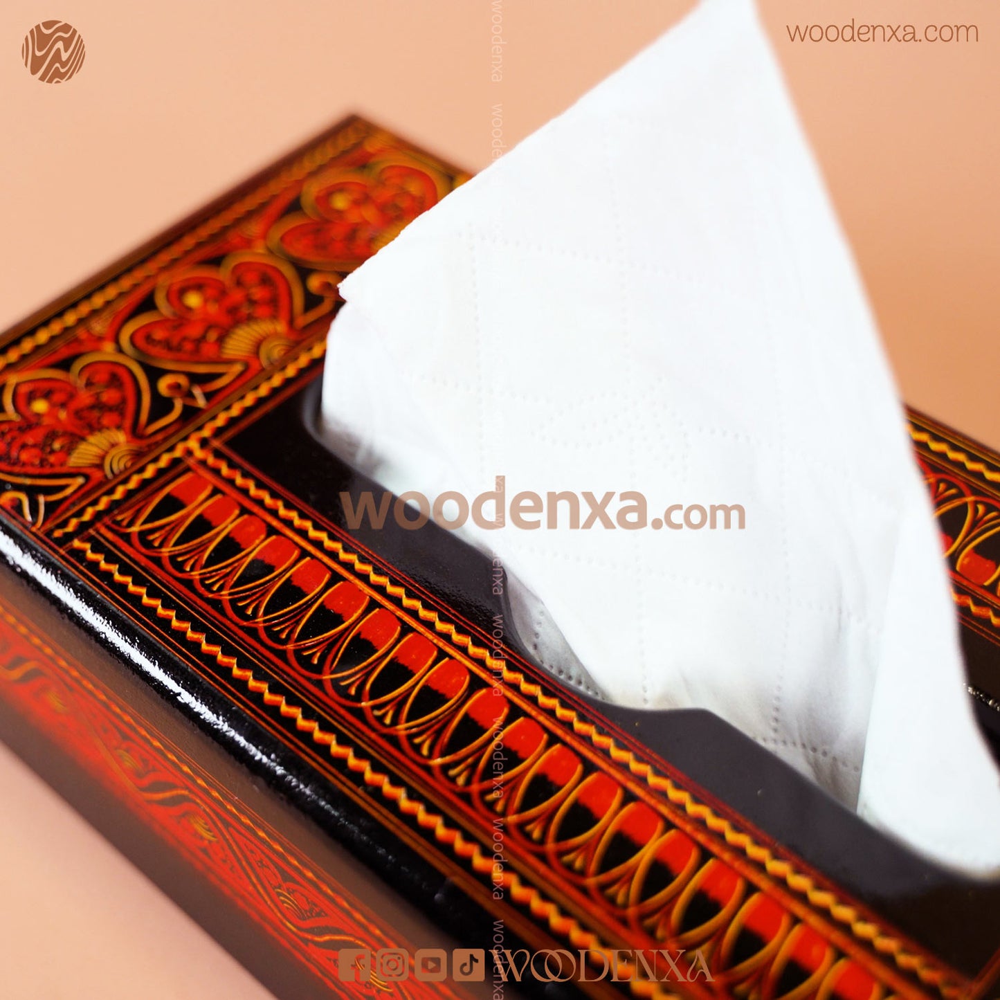 Black Wooden Tissue Box with Red Naqshi Art | Handmade by Woodenxa